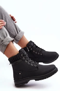 Damskie Skórzane Trapery Ocieplane Czarne Katalis