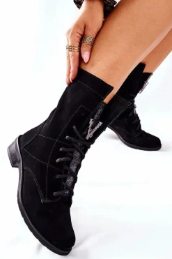 Damskie Skórzane Welurowe Botki Trzewiki Nicole Czarne 2581/028