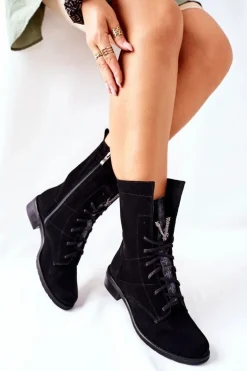 Damskie Skórzane Welurowe Botki Trzewiki Nicole Czarne 2581/028