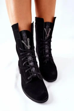 Damskie Skórzane Welurowe Botki Trzewiki Nicole Czarne 2581/028