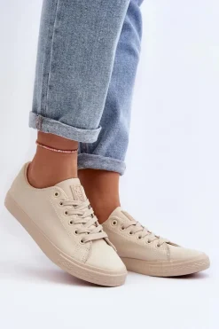 Damskie Skórzane Wiązane Klasyczne Trampki Beżowe Misima