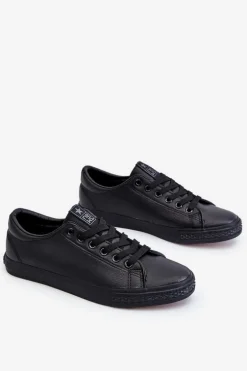 Damskie Skórzane Wiązane Klasyczne Trampki Czarne Misima