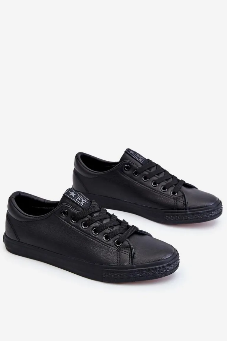 Damskie Skórzane Wiązane Klasyczne Trampki Czarne Misima