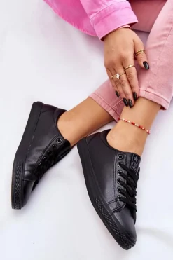 Damskie Skórzane Wiązane Klasyczne Trampki Czarne Misima