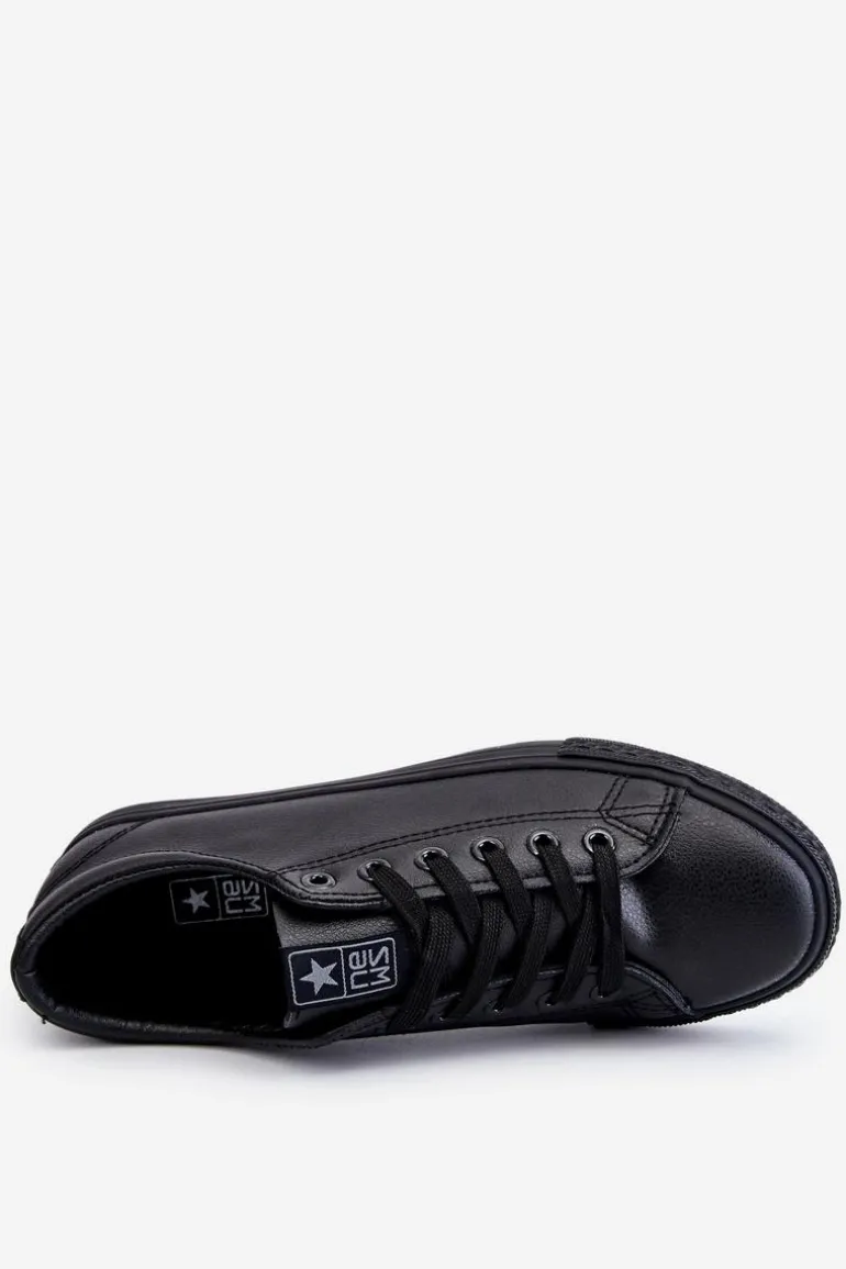 Damskie Skórzane Wiązane Klasyczne Trampki Czarne Misima