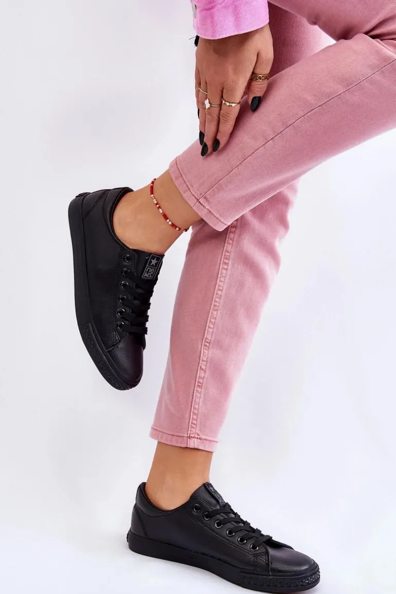 Damskie Skórzane Wiązane Klasyczne Trampki Czarne Misima