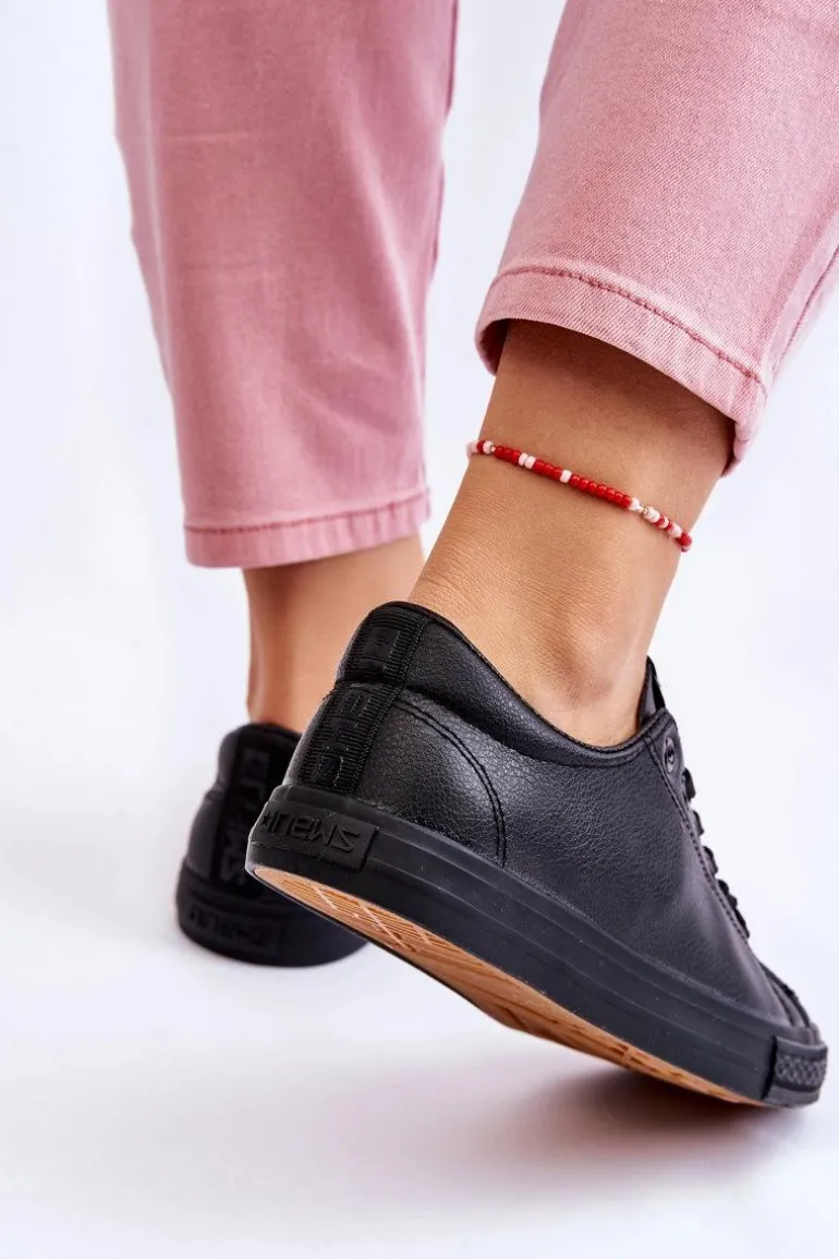 Damskie Skórzane Wiązane Klasyczne Trampki Czarne Misima