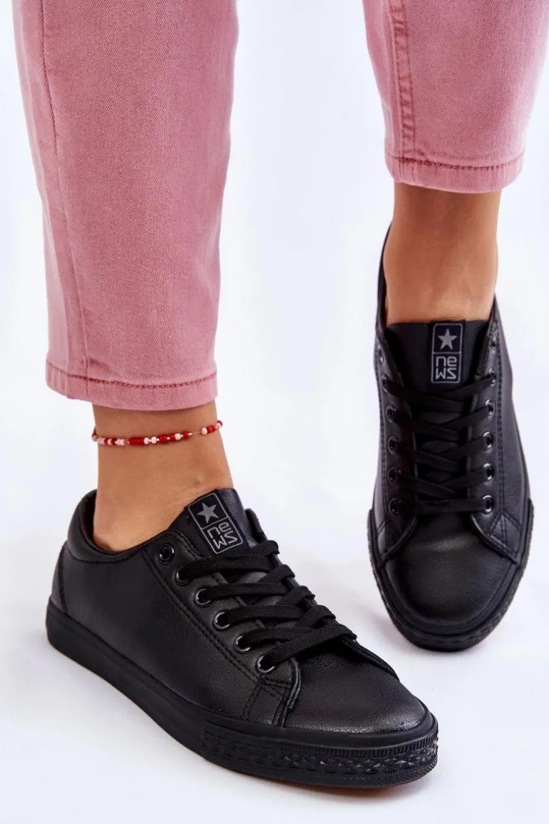 Damskie Skórzane Wiązane Klasyczne Trampki Czarne Misima