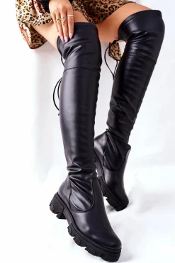 Damskie Skórzane Wsuwane Kozaki Lewski Czarne 3064