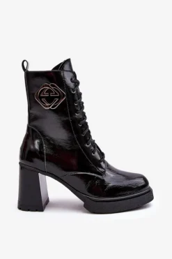 Damskie Skórzane Wysokie Botki Na Słupku Czarne Lemar Danel