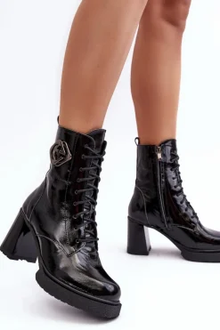 Damskie Skórzane Wysokie Botki Na Słupku Czarne Lemar Danel