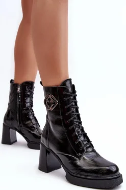 Damskie Skórzane Wysokie Botki Na Słupku Czarne Lemar Danel