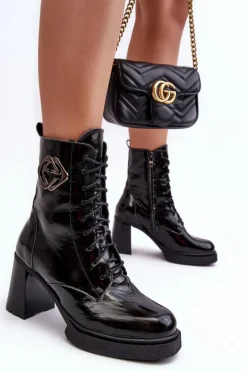 Damskie Skórzane Wysokie Botki Na Słupku Czarne Lemar Danel