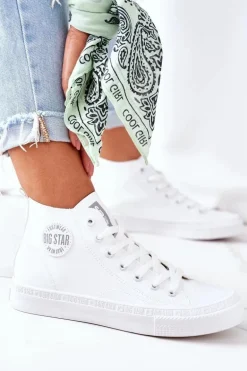 Damskie Skórzane Wysokie Trampki Big Star GG274016 Białe