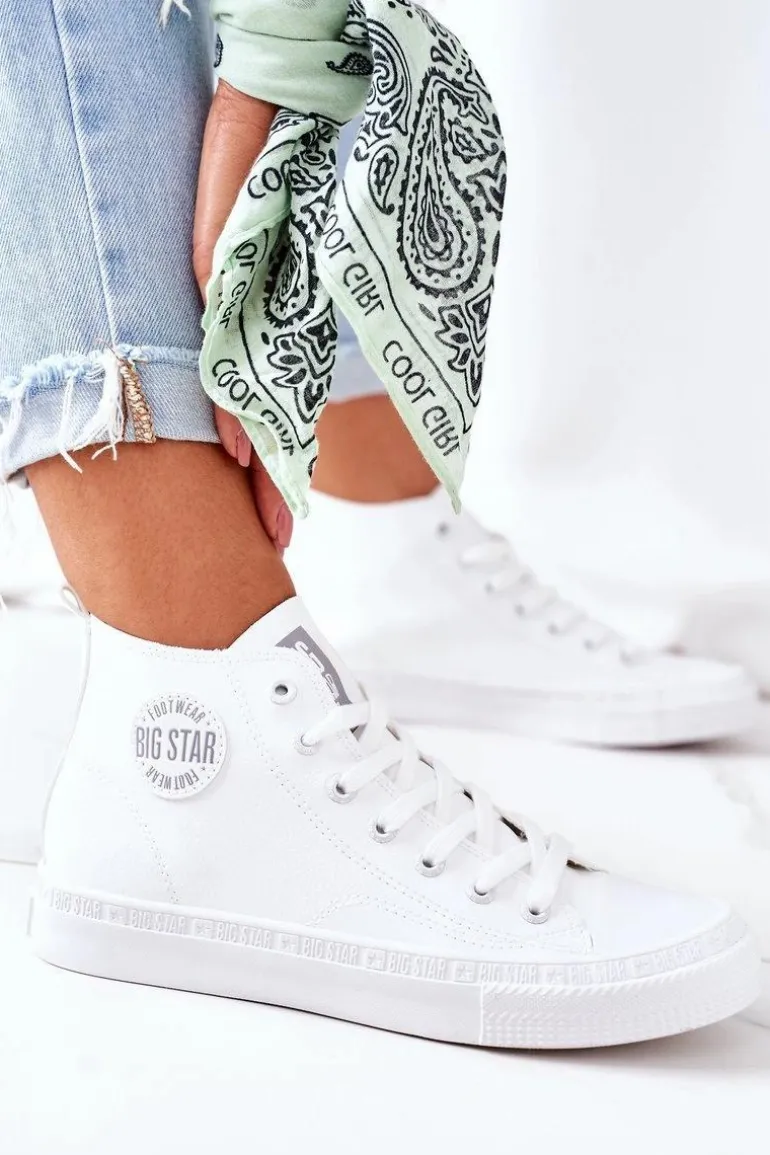 Damskie Skórzane Wysokie Trampki Big Star GG274016 Białe