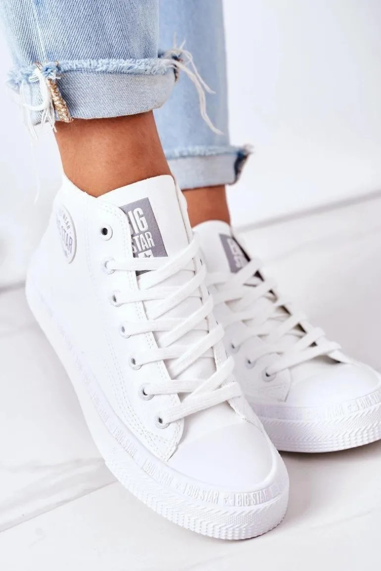 Damskie Skórzane Wysokie Trampki Big Star GG274016 Białe