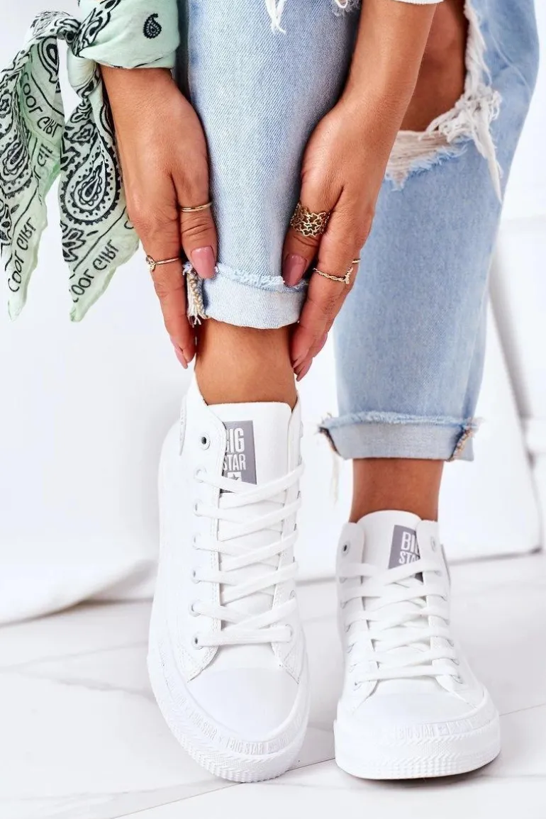 Damskie Skórzane Wysokie Trampki Big Star GG274016 Białe