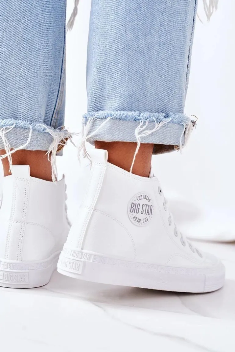 Damskie Skórzane Wysokie Trampki Big Star GG274016 Białe