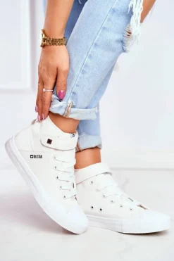 Damskie Skórzane Wysokie Trampki BIG STAR V274541 Białe