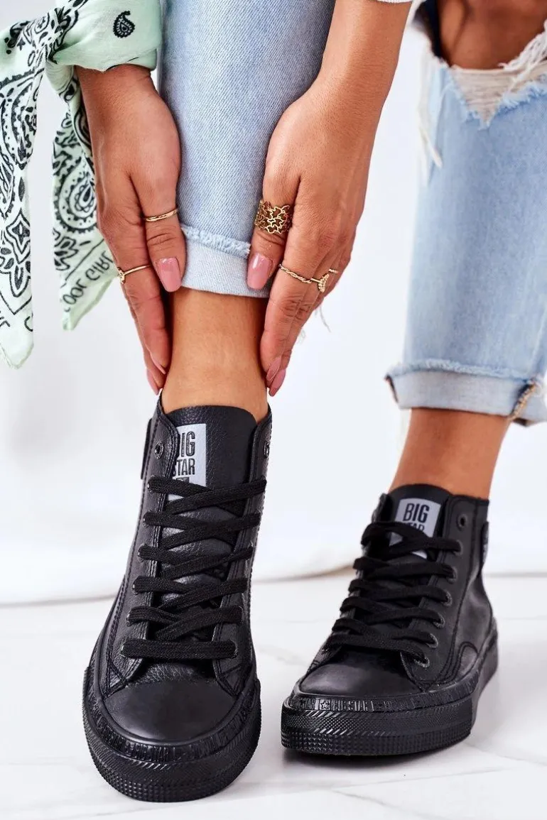 Damskie Skórzane Wysokie Trampki Big Star GG274015 Czarne