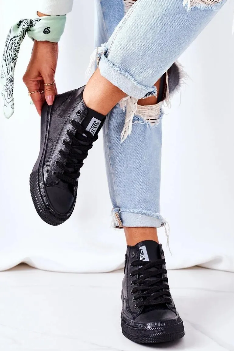 Damskie Skórzane Wysokie Trampki Big Star GG274015 Czarne