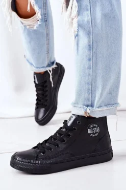 Damskie Skórzane Wysokie Trampki Big Star GG274015 Czarne