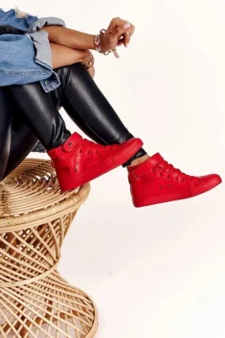 Damskie Skórzane Wysokie Trampki BIG STAR V274529 Czerwone