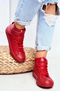 Damskie Skórzane Wysokie Trampki BIG STAR V274529 Czerwone