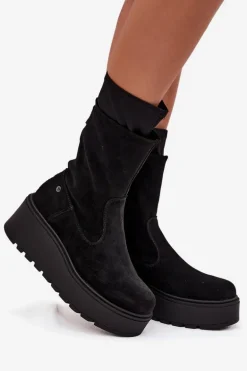 Damskie Skórzane Zamszowe Botki Na Masywnej Platformie Maciejka A7161-20 Czarne