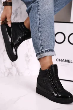 Damskie Sneakersy Botki Na Koturnie Czarne Carol