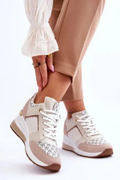Damskie Sneakersy Buty Sportowe Na Koturnie Biało-Beżowe Nomera