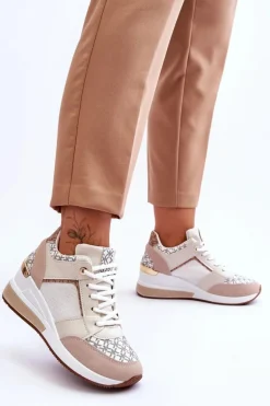 Damskie Sneakersy Buty Sportowe Na Koturnie Biało-Beżowe Nomera