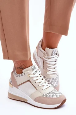 Damskie Sneakersy Buty Sportowe Na Koturnie Biało-Beżowe Nomera