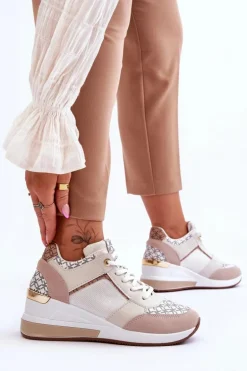 Damskie Sneakersy Buty Sportowe Na Koturnie Biało-Beżowe Nomera
