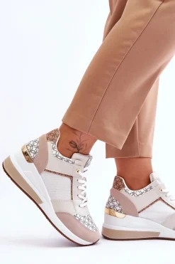 Damskie Sneakersy Buty Sportowe Na Koturnie Biało-Beżowe Nomera