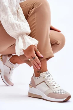 Damskie Sneakersy Buty Sportowe Na Koturnie Biało-Beżowe Nomera