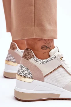 Damskie Sneakersy Buty Sportowe Na Koturnie Biało-Beżowe Nomera