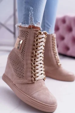 Damskie Sneakersy Lu Boo Ażurowe Zamszowe Beżowe Clamma