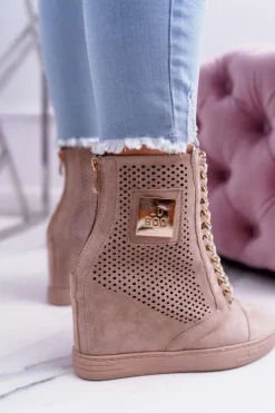 Damskie Sneakersy Lu Boo Ażurowe Zamszowe Beżowe Clamma