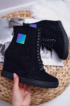 Damskie Sneakersy Lu Boo Ażurowe Zamszowe Czarne Clamma