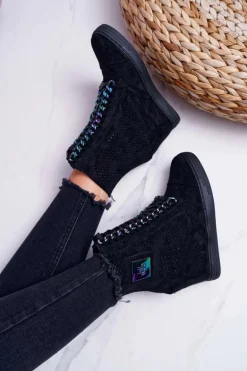 Damskie Sneakersy Lu Boo Ażurowe Zamszowe Czarne Clamma