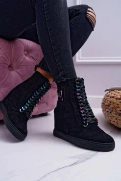 Damskie Sneakersy Lu Boo Ażurowe Zamszowe Czarne Clamma