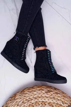 Damskie Sneakersy Lu Boo Ażurowe Zamszowe Czarne Clamma