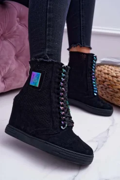 Damskie Sneakersy Lu Boo Ażurowe Zamszowe Czarne Clamma