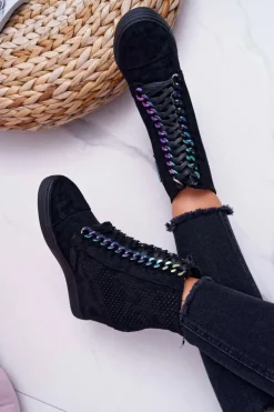 Damskie Sneakersy Lu Boo Ażurowe Zamszowe Czarne Clamma