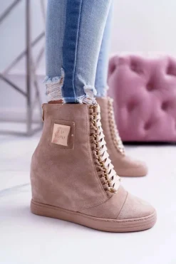 Damskie Sneakersy Lu Boo Złoty Łańcuch Zamsz Beżowe Monica