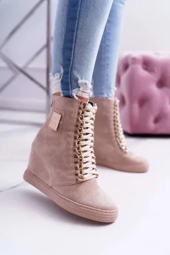 Damskie Sneakersy Lu Boo Złoty Łańcuch Zamsz Beżowe Monica