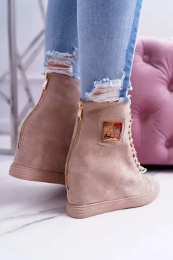 Damskie Sneakersy Lu Boo Złoty Łańcuch Zamsz Beżowe Monica