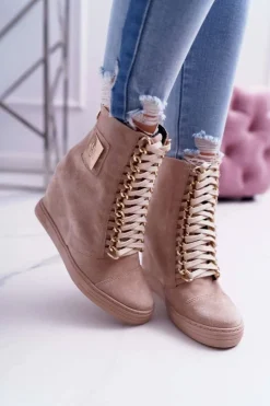 Damskie Sneakersy Lu Boo Złoty Łańcuch Zamsz Beżowe Monica