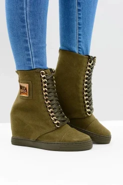 Damskie Sneakersy Lu Boo Z Łańcuchami Zamszowe Oliwkowe Monica